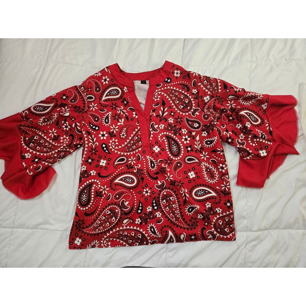 Womens Red Paisley Bandana Print Bell Sleeve Ruffle Blouse XL Boho Top